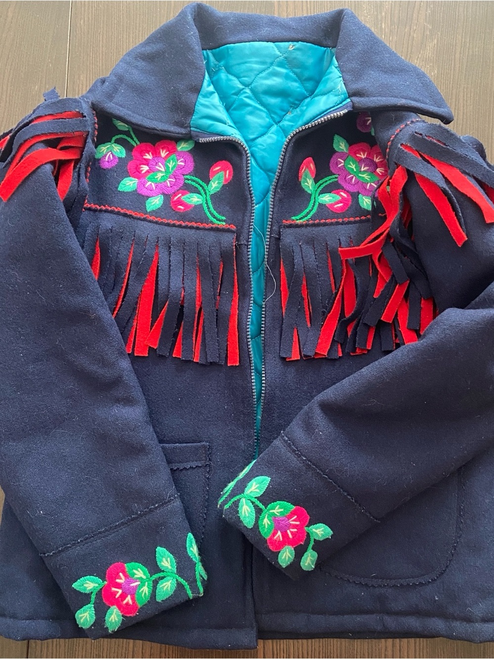 Women's Navy Embroidered Fringe Jacket with Teal Quilted Lining